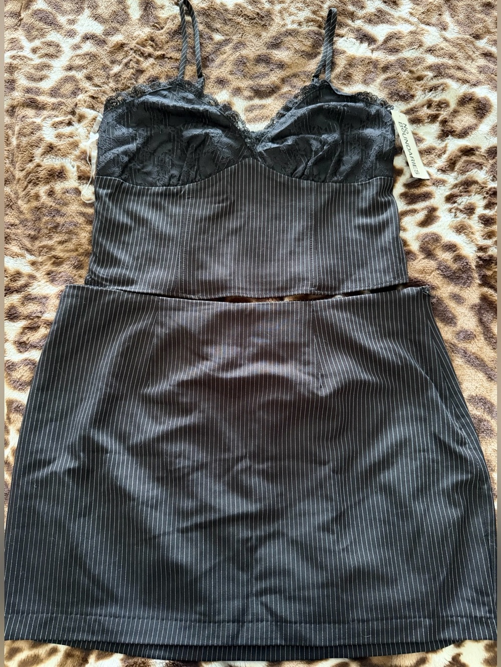 Black Lace-Trim Pinstripe Two-Piece Set